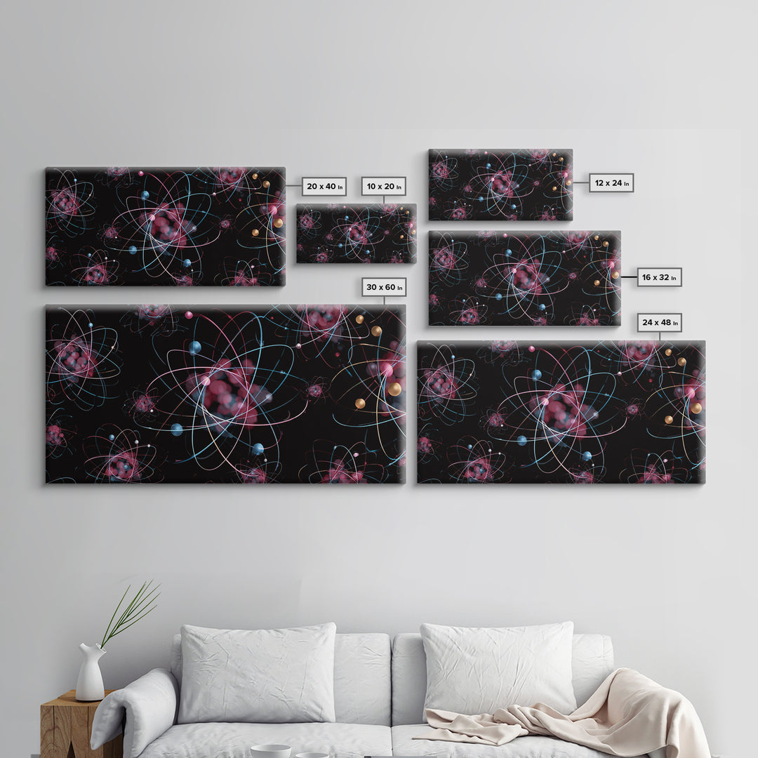Glowing Pink Atomic Orbits On Black Wall Art, Midcentury Modern Abstract Print, Retro Space Decor, MCM Gallery Wall Home Decor