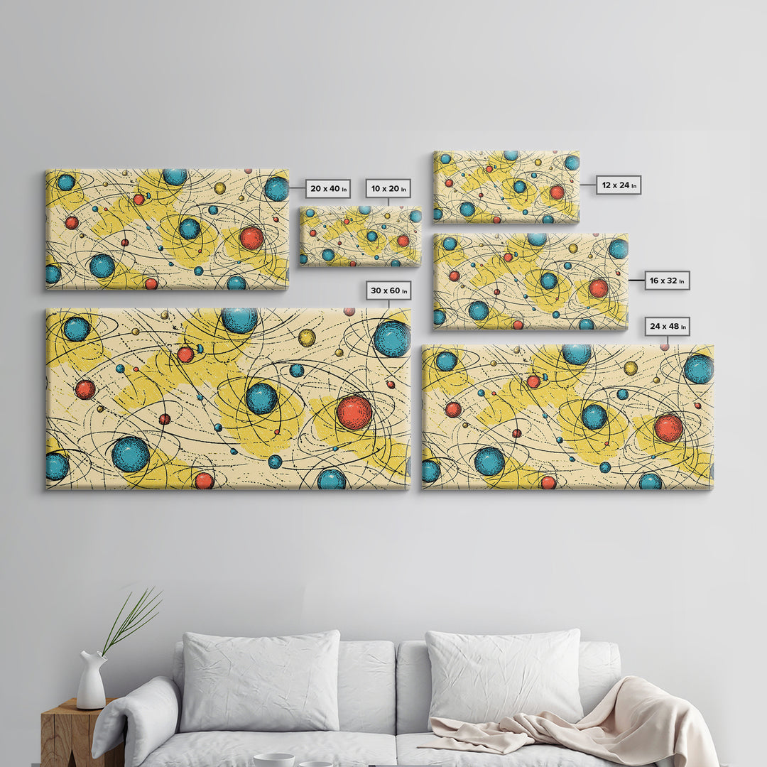 Yellow Blue Atomic Planets Wall Art, Midcentury Modern Abstract Print, Retro Space Poster, Geometric MCM Living Room Decor