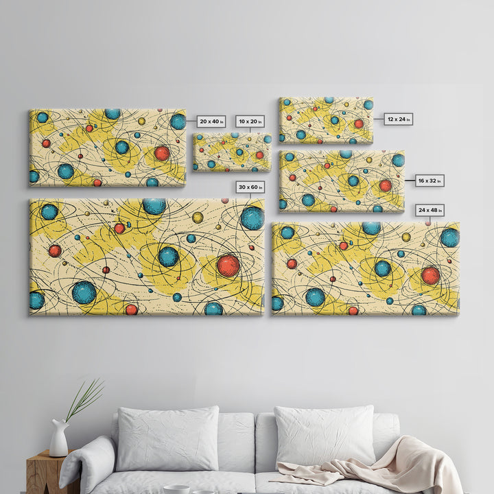 Yellow Blue Atomic Planets Wall Art, Midcentury Modern Abstract Print, Retro Space Poster, Geometric MCM Living Room Decor