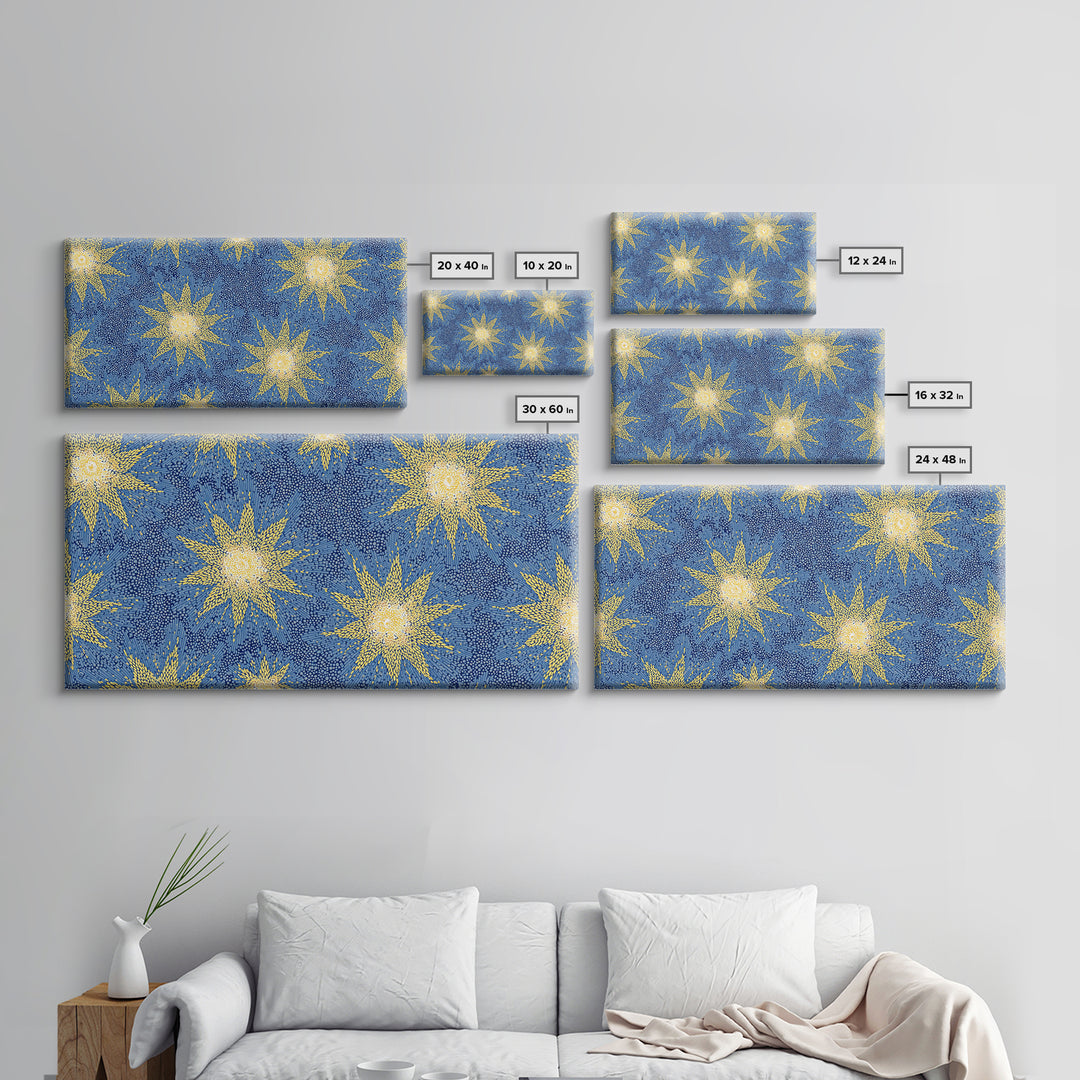 Blue Yellow Atomic Starbursts Canvas Print, Midcentury Modern Wall Art, Retro Space Decor, Bold MCM Gallery Wall Poster Print