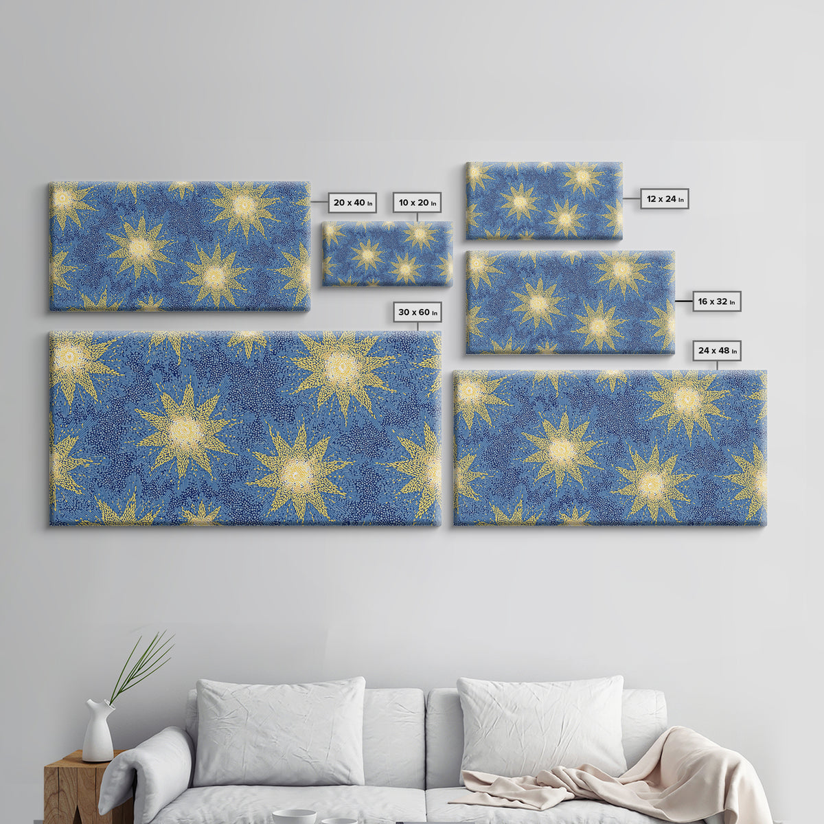 Blue Yellow Atomic Starbursts Canvas Print, Midcentury Modern Wall Art, Retro Space Decor, Bold MCM Gallery Wall Poster Print