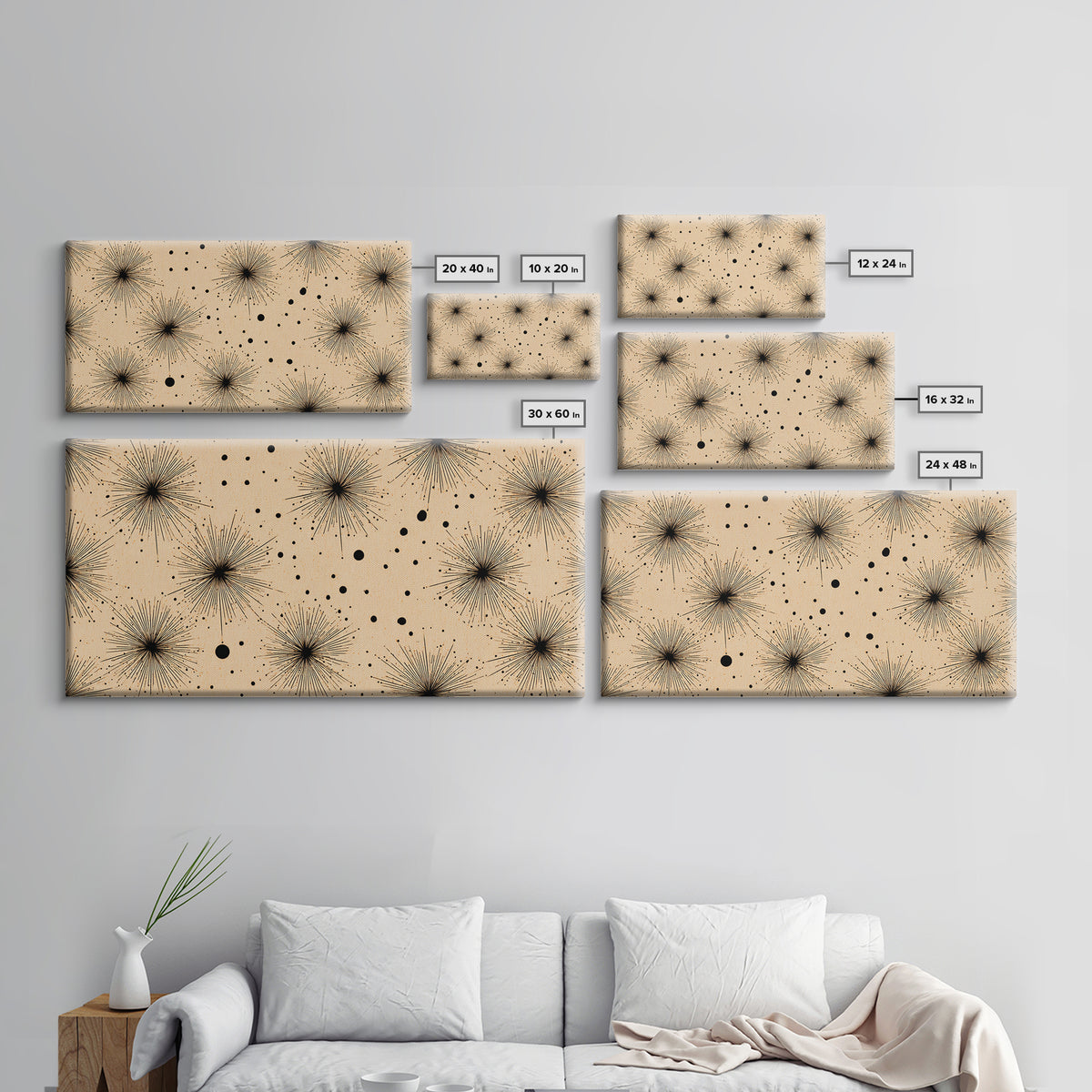 Black Atomic Starburst Dots Wall Art, Midcentury Modern Minimalist Canvas Print, Retro Geometric Decor, Neutral MCM Poster