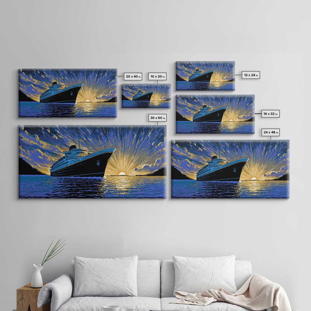 Dramatic Cruise Ship Sunset Canvas Print, Retro Travel Poster, Ocean Liner Wall Decor, Blue Gold Nautical Living Room Art