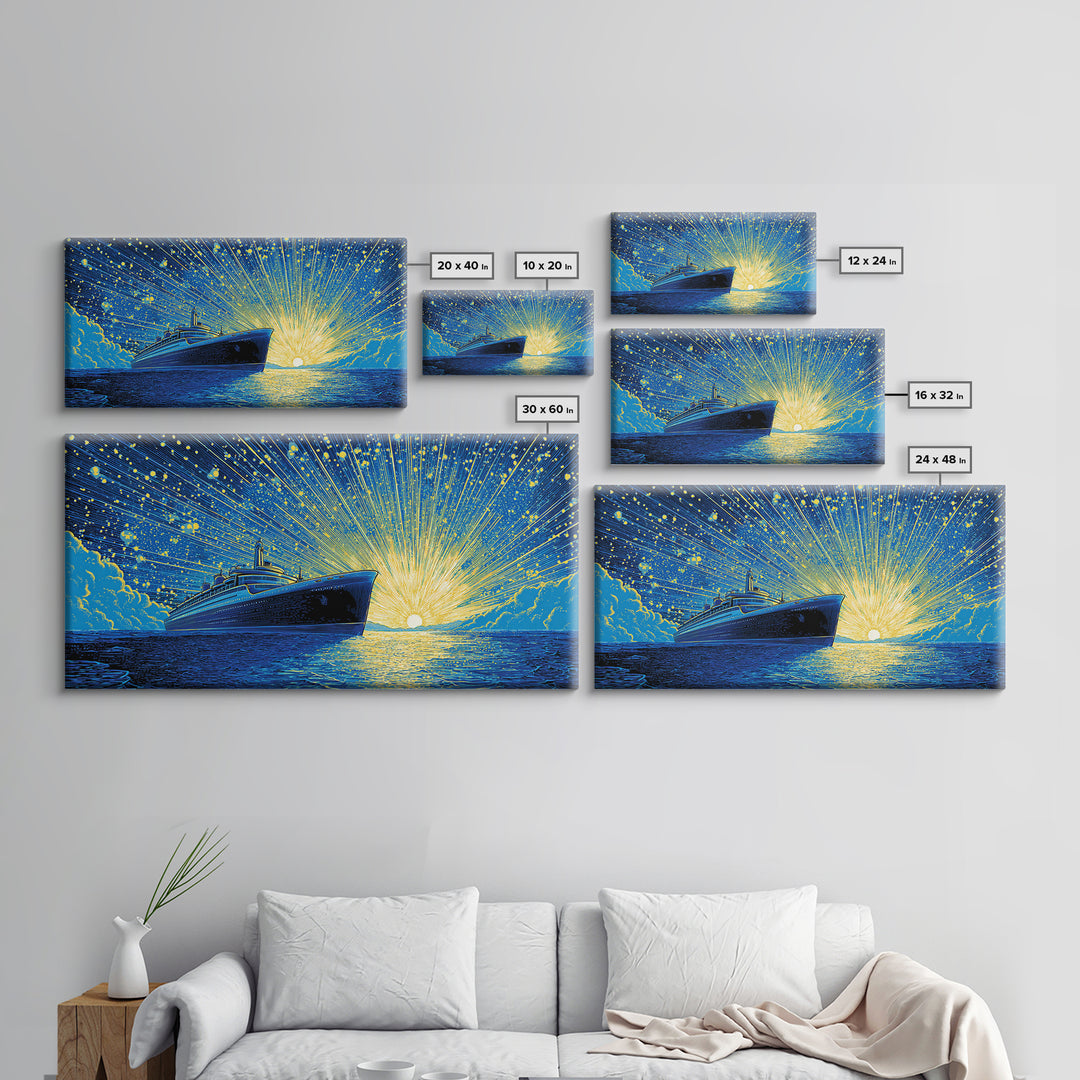 Blue Cruise Ship Sunrise Wall Art, Retro Ocean Liner Poster, Nautical Coastal Decor, Dramatic Sunset Print For Living Room