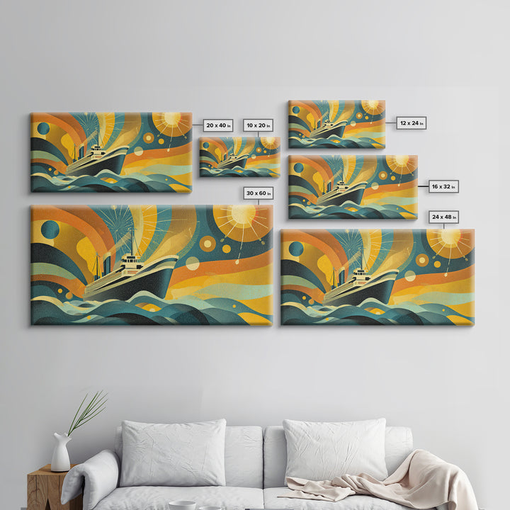 Midcentury Yacht At Sea Canvas Print, Abstract Sun Waves Wall Decor, Retro Modern Ocean Poster, Colorful Nautical Home Art