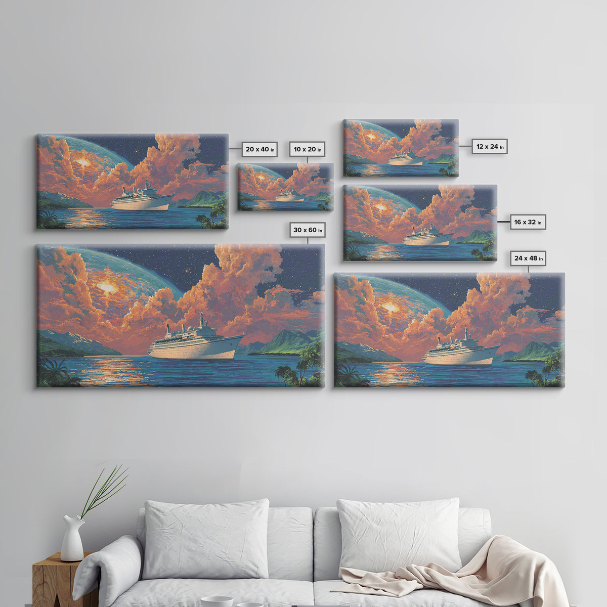 Tropical Cruise Ship Moonrise Wall Art, Dreamy Island Ocean Poster, Scenic Travel Print, Colorful Coastal Living Room Decor