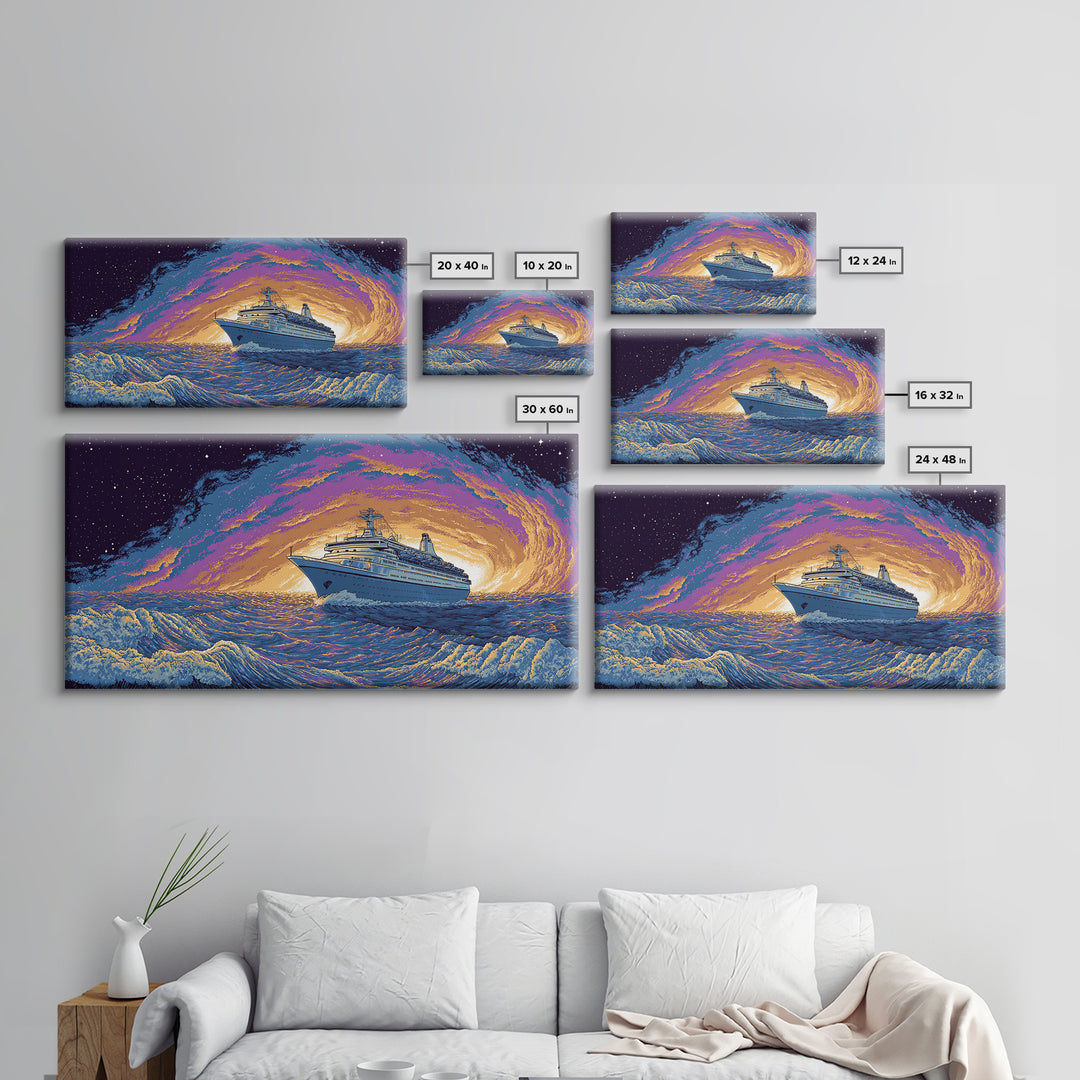 Starry Cruise Ship Vortex Canvas Print, Retro Futuristic Ocean Poster, Purple Orange Wave Wall Decor, Cosmic Nautical Art