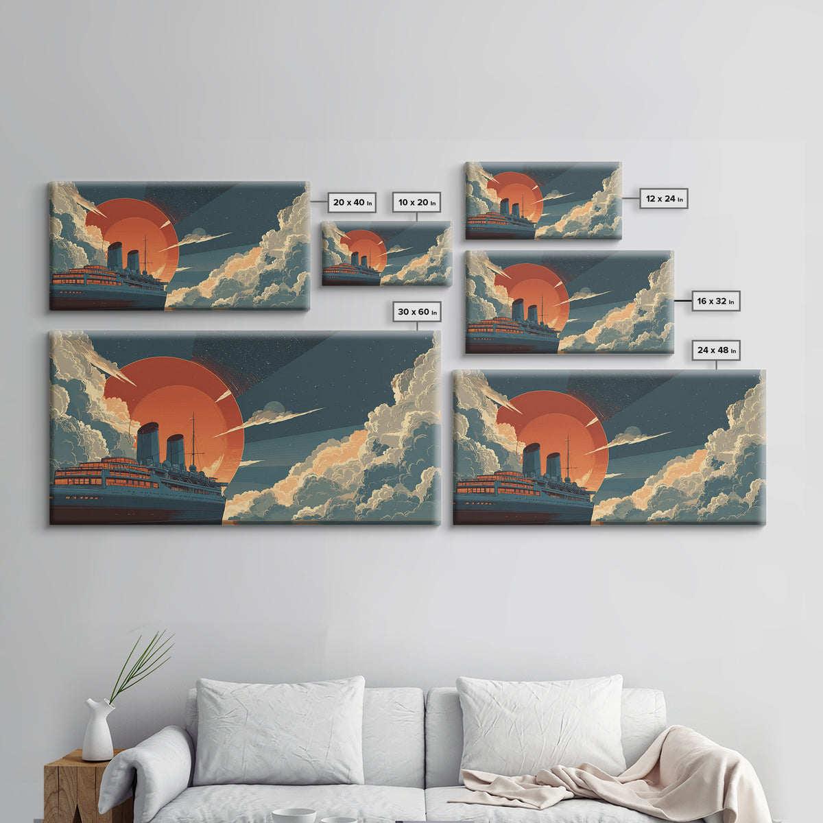 Ocean Liner Red Sun Wall Art, Retro Futuristic Steamship Poster, Art Deco Clouds, Nautical Travel Decor For Living Room Art