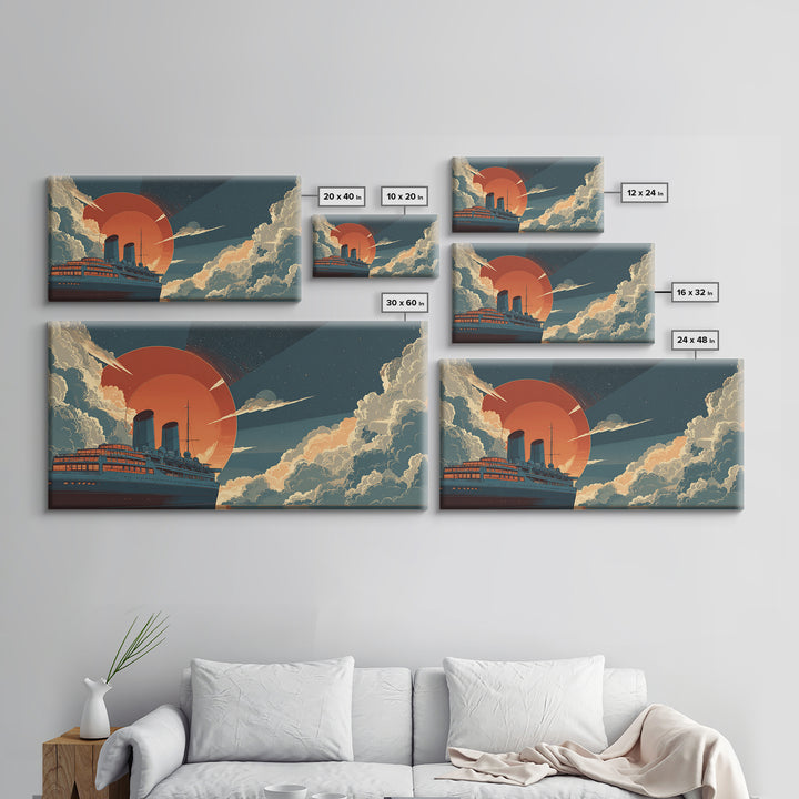 Ocean Liner Red Sun Wall Art, Retro Futuristic Steamship Poster, Art Deco Clouds, Nautical Travel Decor For Living Room Art