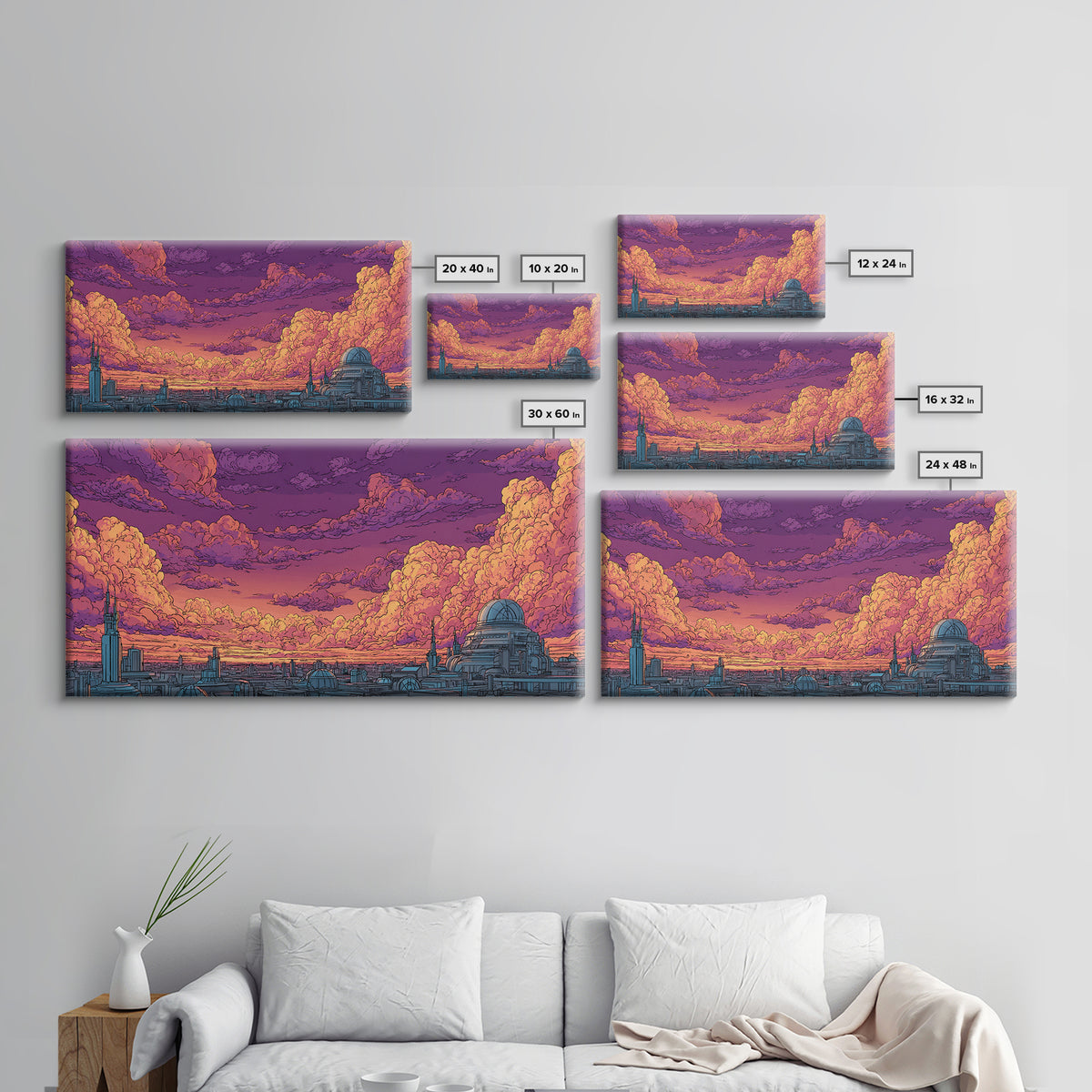 Purple Sunset City Skyline Canvas Print, Retro Futuristic Architecture Poster, Cloudscape Wall Decor, Modern Urban Home Art