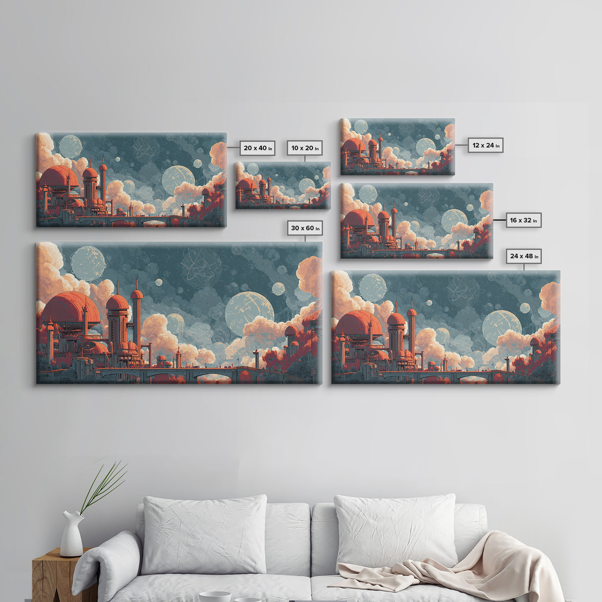 Coral Domed Retro Futurist Cloud City Canvas Print, Midcentury Modern Wall Art, Atomic Space Age Living Room Decor Poster Gift