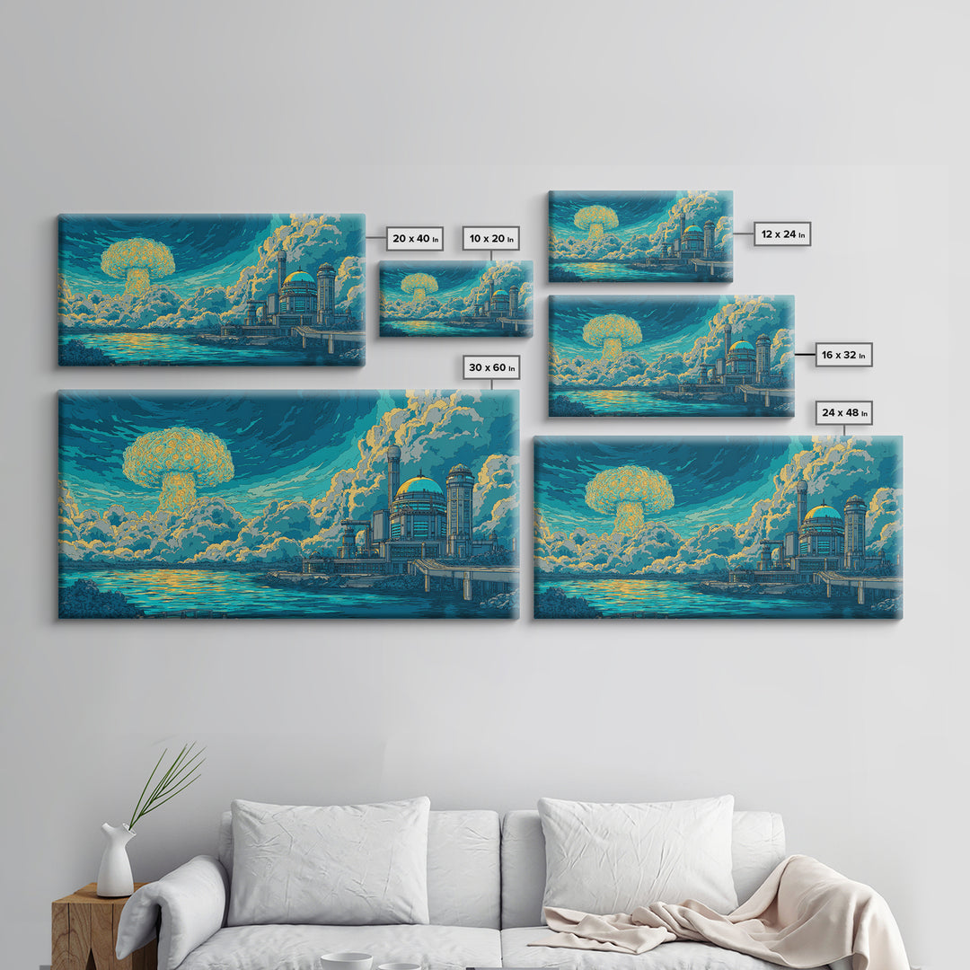 Mushroom Cloud Over Teal Ocean And Dome City Framed Canvas Print, Retro Sci Fi Wall Art, Atomic Midcentury Modern Decor Poster