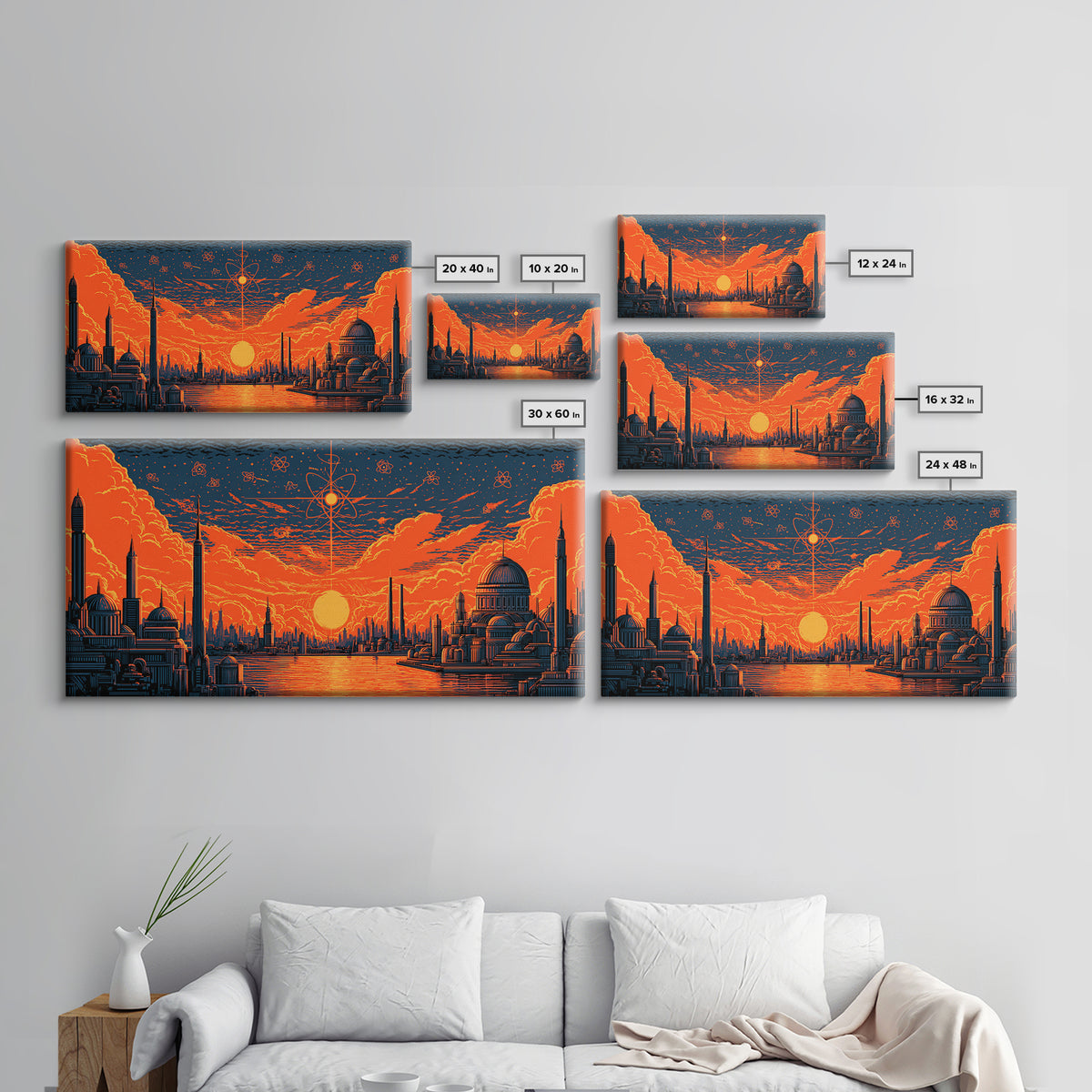 Orange Atomic Sunset Futuristic River Skyline Wall Art, Midcentury Modern Poster, Retro Sci Fi Cityscape Home Office Decor