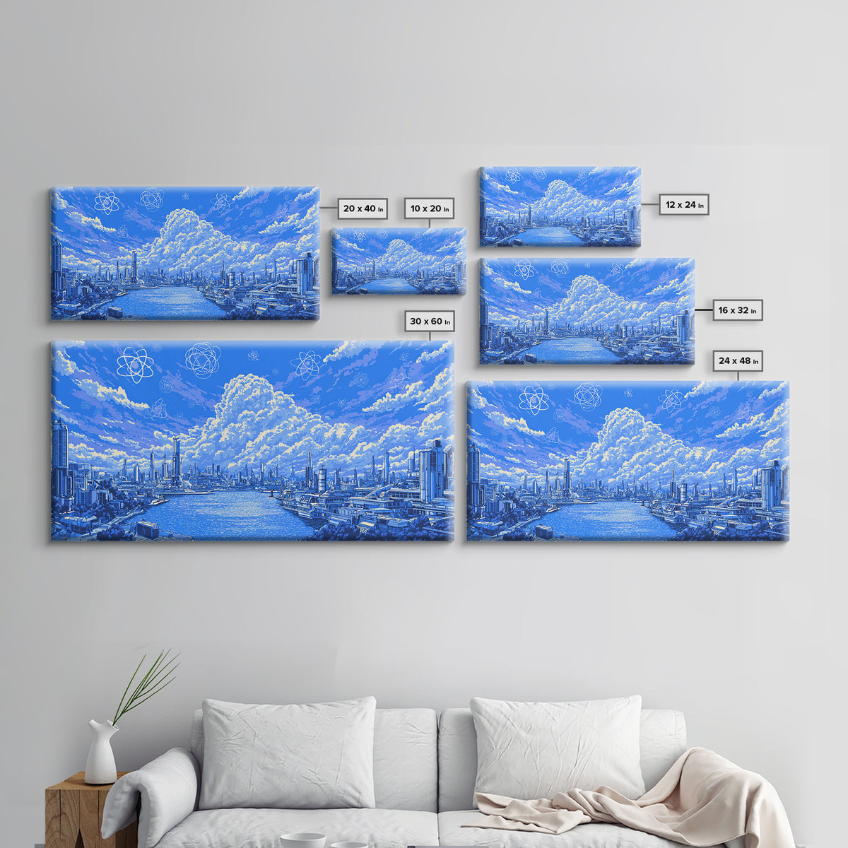 Blue Futuristic Harbor City With Atomic Clouds Wall Art, Modern Art Print, Midcentury Decor, Sci Fi Living Room Poster Gift