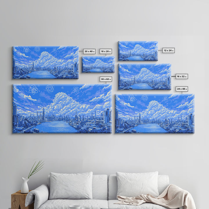 Blue Futuristic Harbor City With Atomic Clouds Wall Art, Modern Art Print, Midcentury Decor, Sci Fi Living Room Poster Gift
