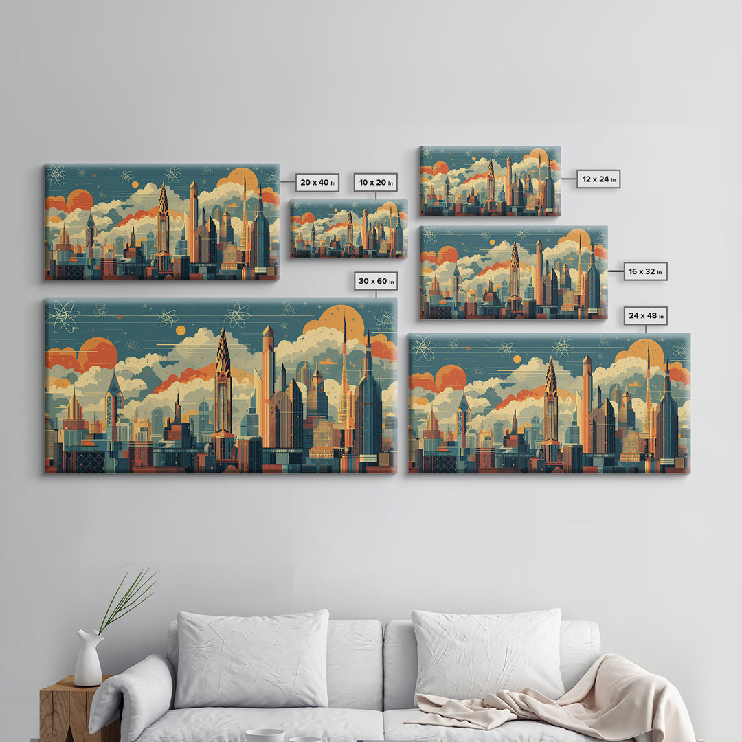 Retro Atomic Skyscraper City At Orange Sun Canvas Print, Midcentury Modern Wall Art, Space Age Skyline Office Decor Poster
