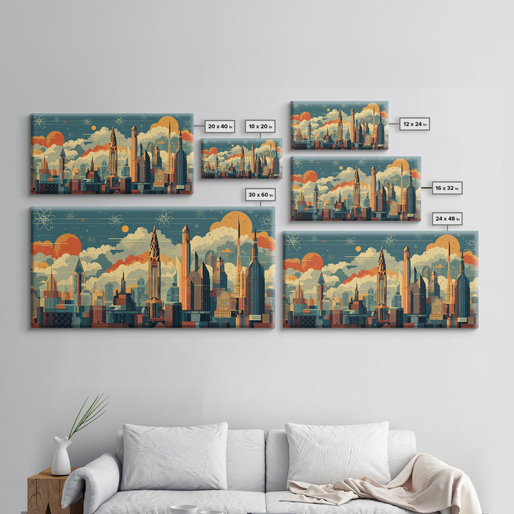Retro Atomic Skyscraper City At Orange Sun Canvas Print, Midcentury Modern Wall Art, Space Age Skyline Office Decor Poster