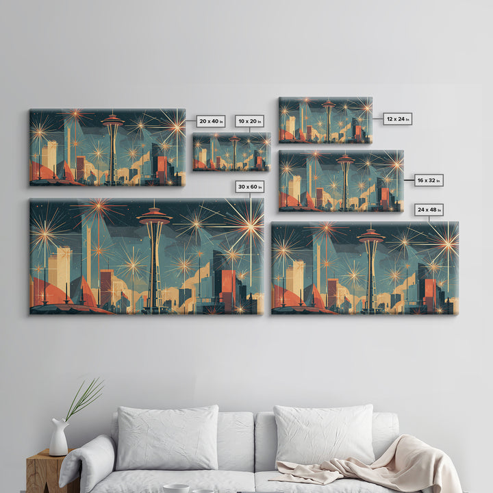 Seattle Space Needle Starburst Skyline Wall Art, Midcentury Modern Art Print, Retro Atomic Cityscape Office Decor Poster