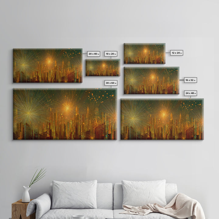 Golden Fireworks Futuristic City Skyline Framed Canvas Print, Modern Wall Art, Midcentury Retro Decor, Large Statement Poster