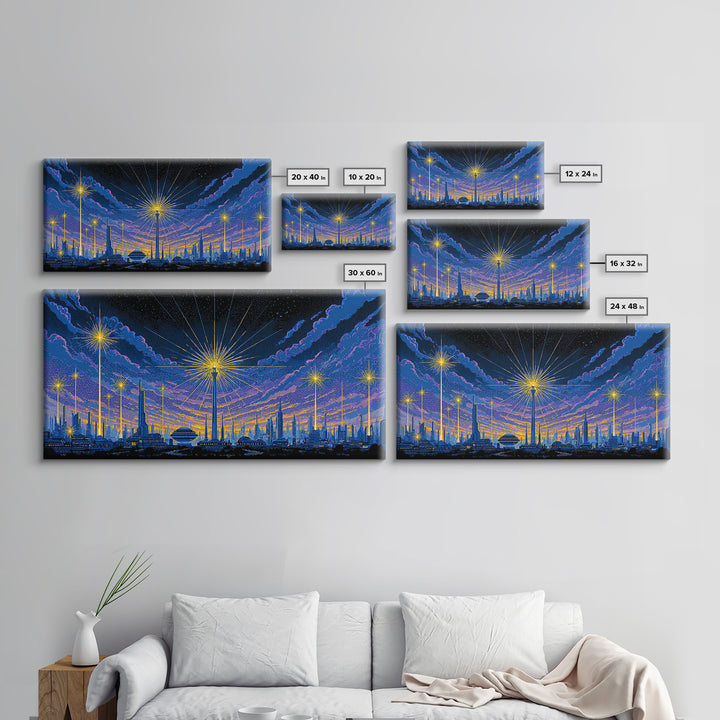 Blue Purple Night Skyline With Starburst Lights Canvas Print, Retro Sci Fi Wall Art, Midcentury Modern Cityscape Decor Poster