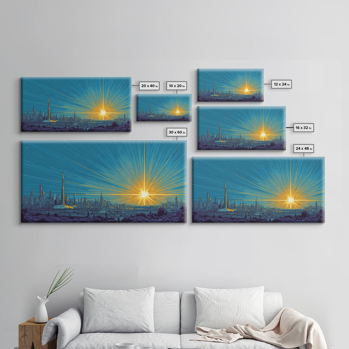 Futuristic Skyline Sunrise With Golden Rays, Mid Century Modern Wall Art, Retro Sci Fi Cityscape Print, Living Room Decor
