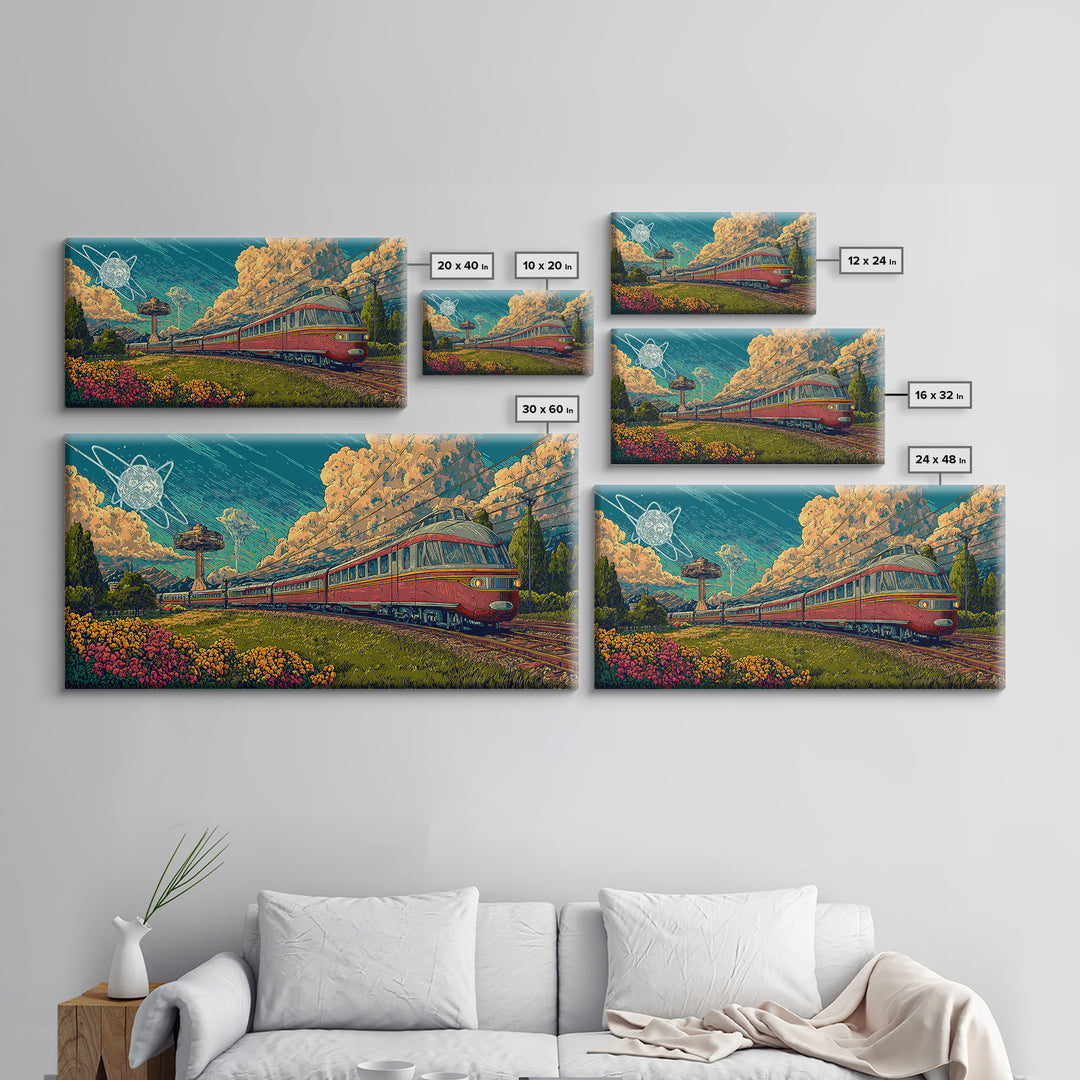 Red Passenger Train Through Flower Fields, Mid Century Modern Wall Art, Retro Travel Poster, Scenic Landscape Decor Print