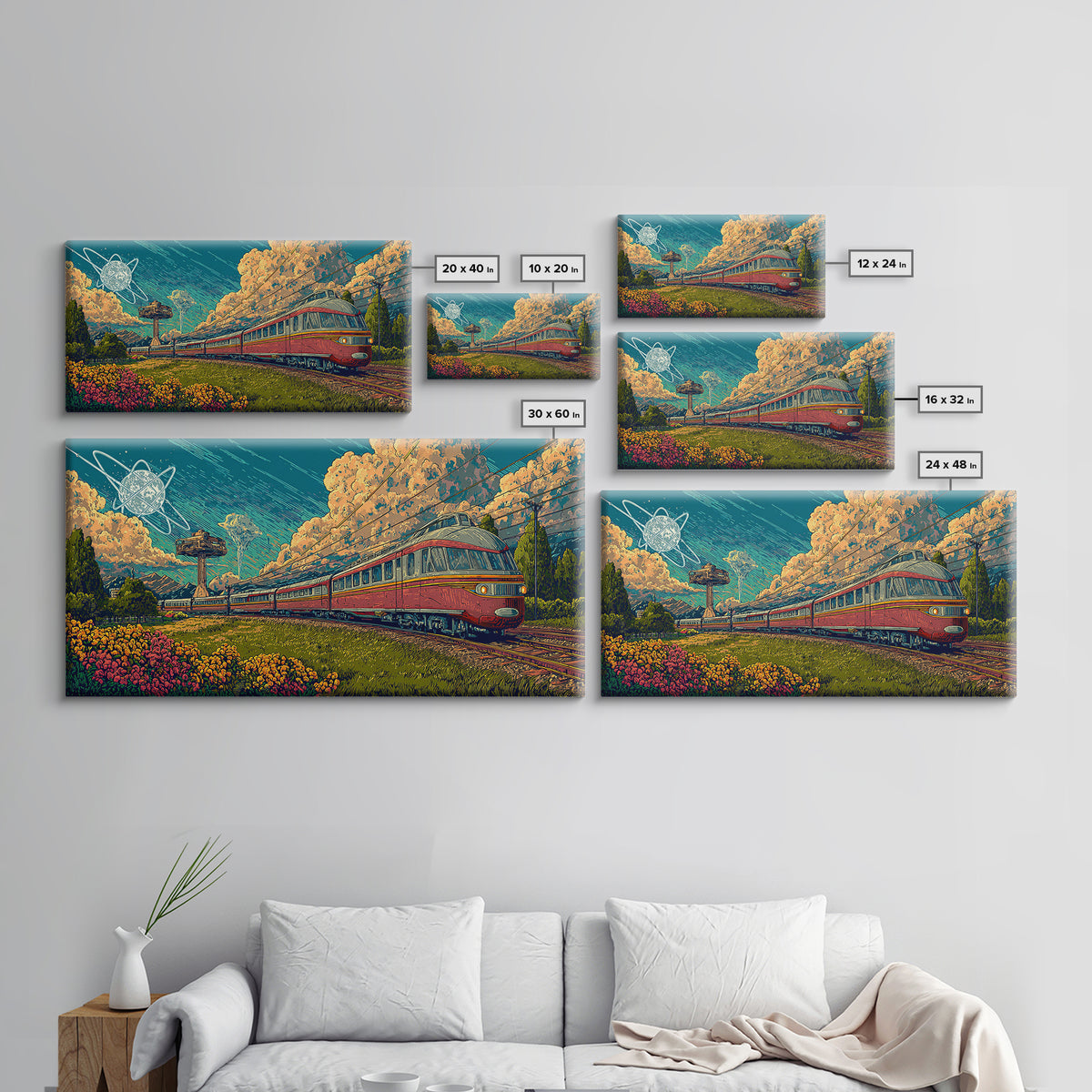 Red Passenger Train Through Flower Fields, Mid Century Modern Wall Art, Retro Travel Poster, Scenic Landscape Decor Print