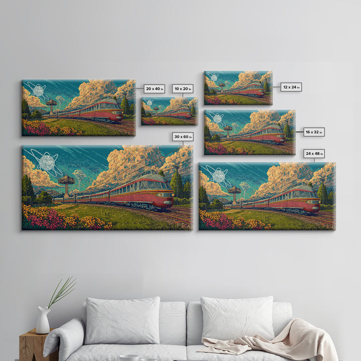 Red Passenger Train Through Flower Fields, Mid Century Modern Wall Art, Retro Travel Poster, Scenic Landscape Decor Print