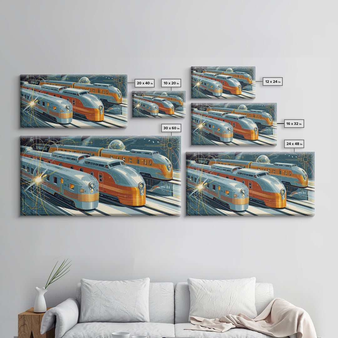 Silver Gold Futuristic Streamliner Trains, Mid Century Modern Wall Art, Atomic Railroad Poster, Retro Transportation Decor