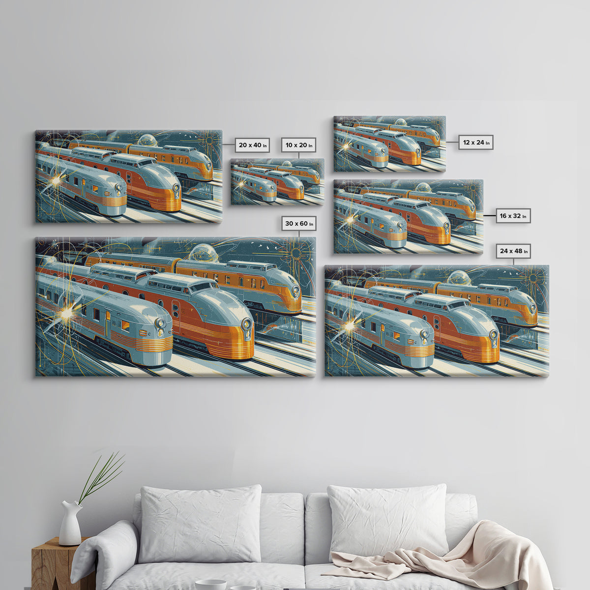 Silver Gold Futuristic Streamliner Trains, Mid Century Modern Wall Art, Atomic Railroad Poster, Retro Transportation Decor