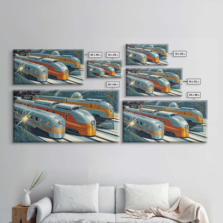 Silver Gold Futuristic Streamliner Trains, Mid Century Modern Wall Art, Atomic Railroad Poster, Retro Transportation Decor