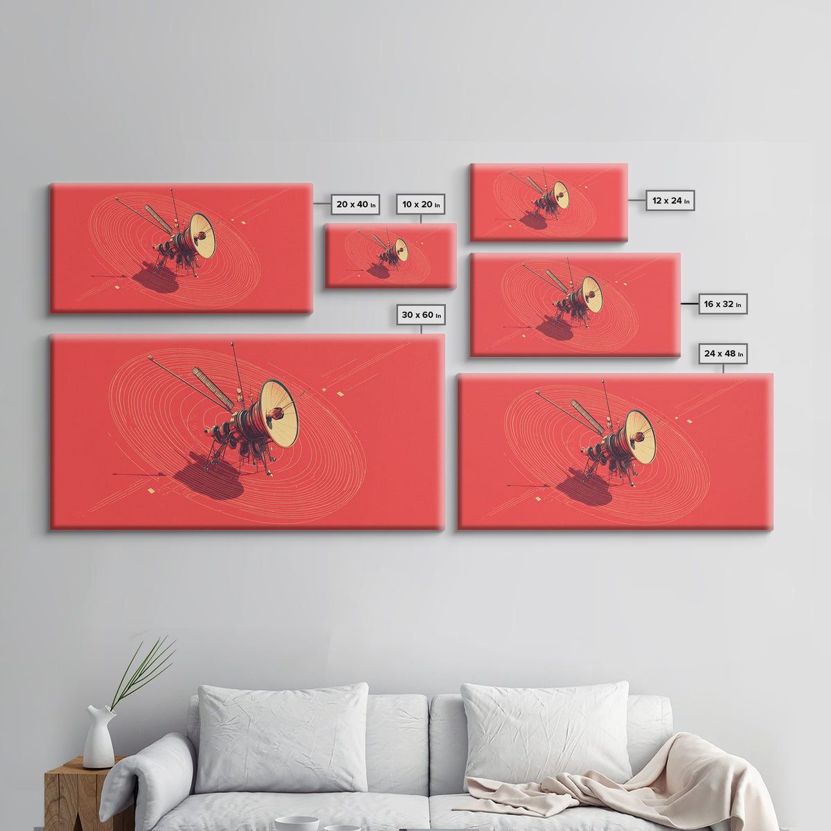 Red Space Probe With Orbital Rings, Mid Century Modern Wall Art, Retro Sci Fi Satellite Poster, Minimalist Space Decor Print