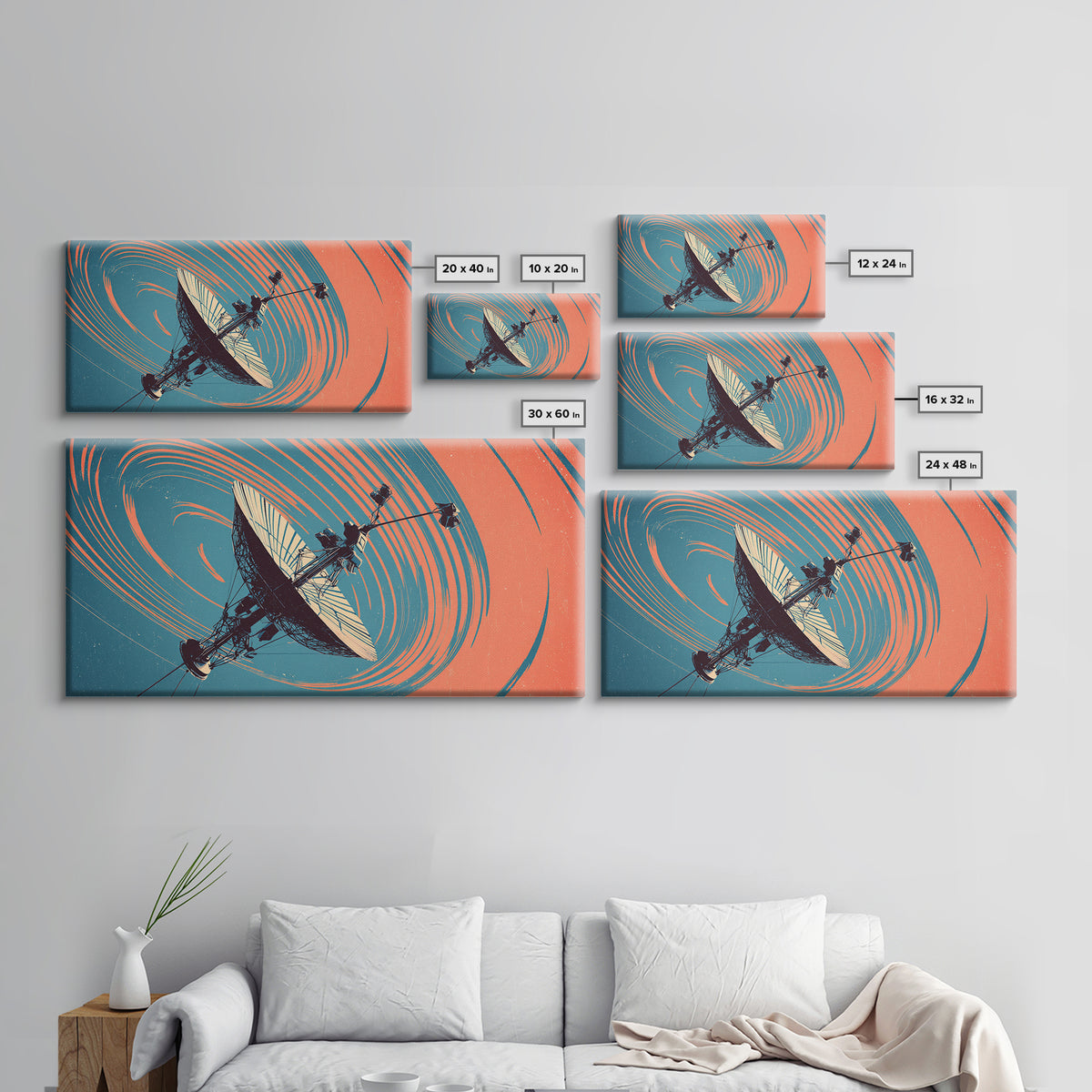 Teal Coral Satellite Dish In Orbit, Mid Century Modern Wall Art, Retro Sci Fi Space Poster, Geometric Abstract Decor Print