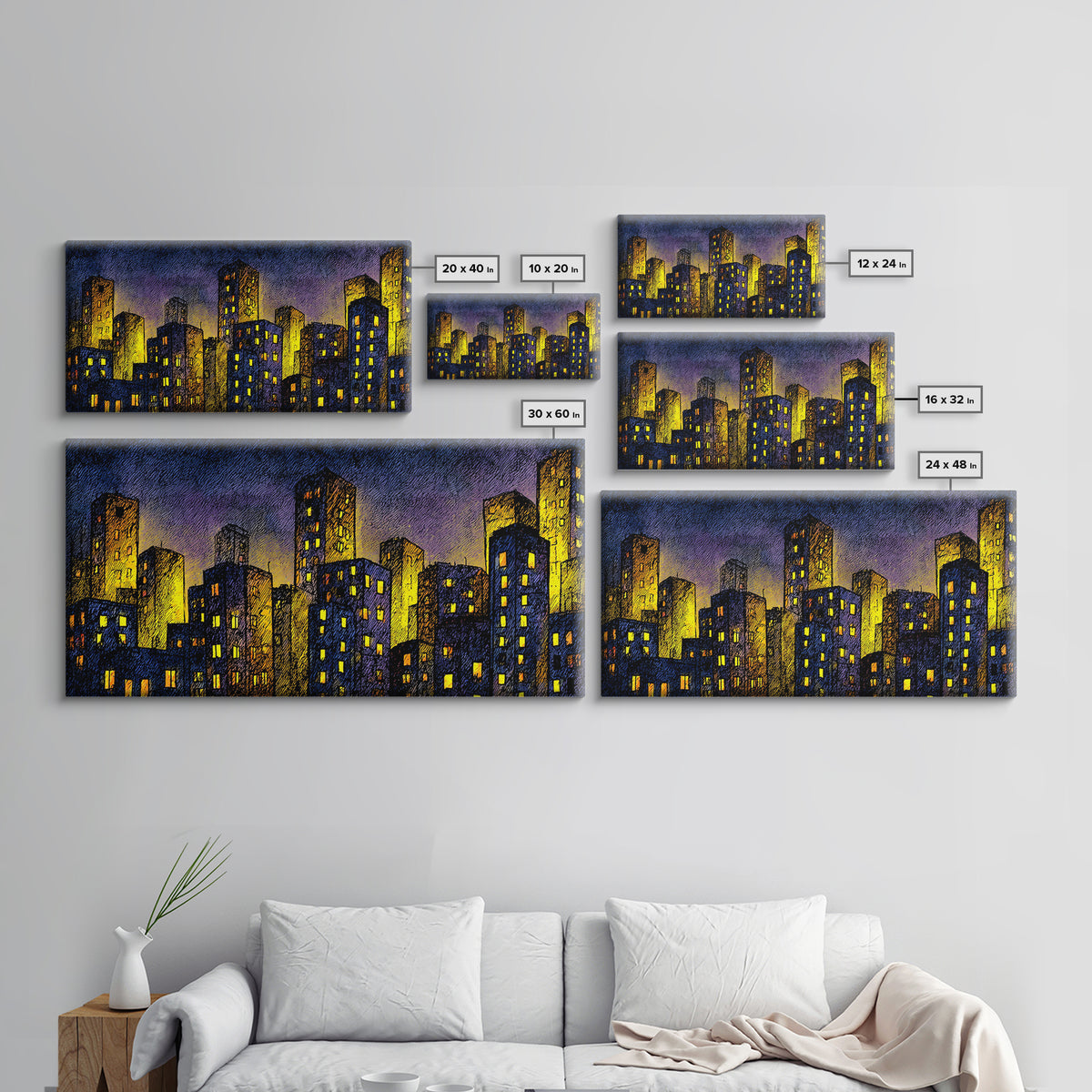 Golden Dusk City Skyline Wall Art, Blue Urban Nightscape, Modern Abstract Art Print, Office Decor, Living Room Wall Decor