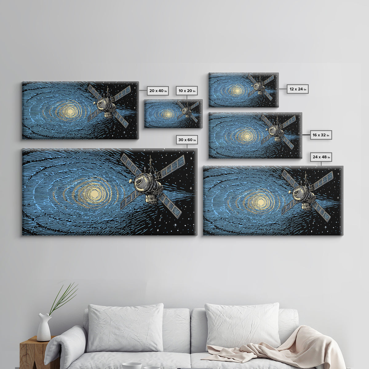 Blue Starfield Satellite With Solar Waves, Mid Century Modern Wall Art, Retro Sci Fi Space Poster, Cosmic Abstract Decor