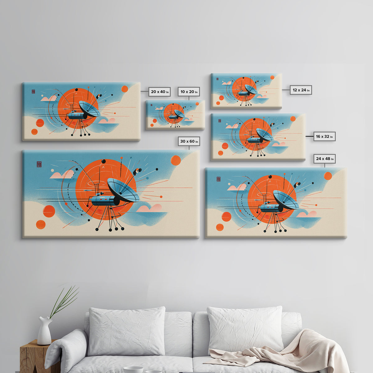 Retro Satellite Dish With Orange Sun Canvas Print, Midcentury Modern Wall Art, Atomic Space Poster, MCM Office Decor Gift