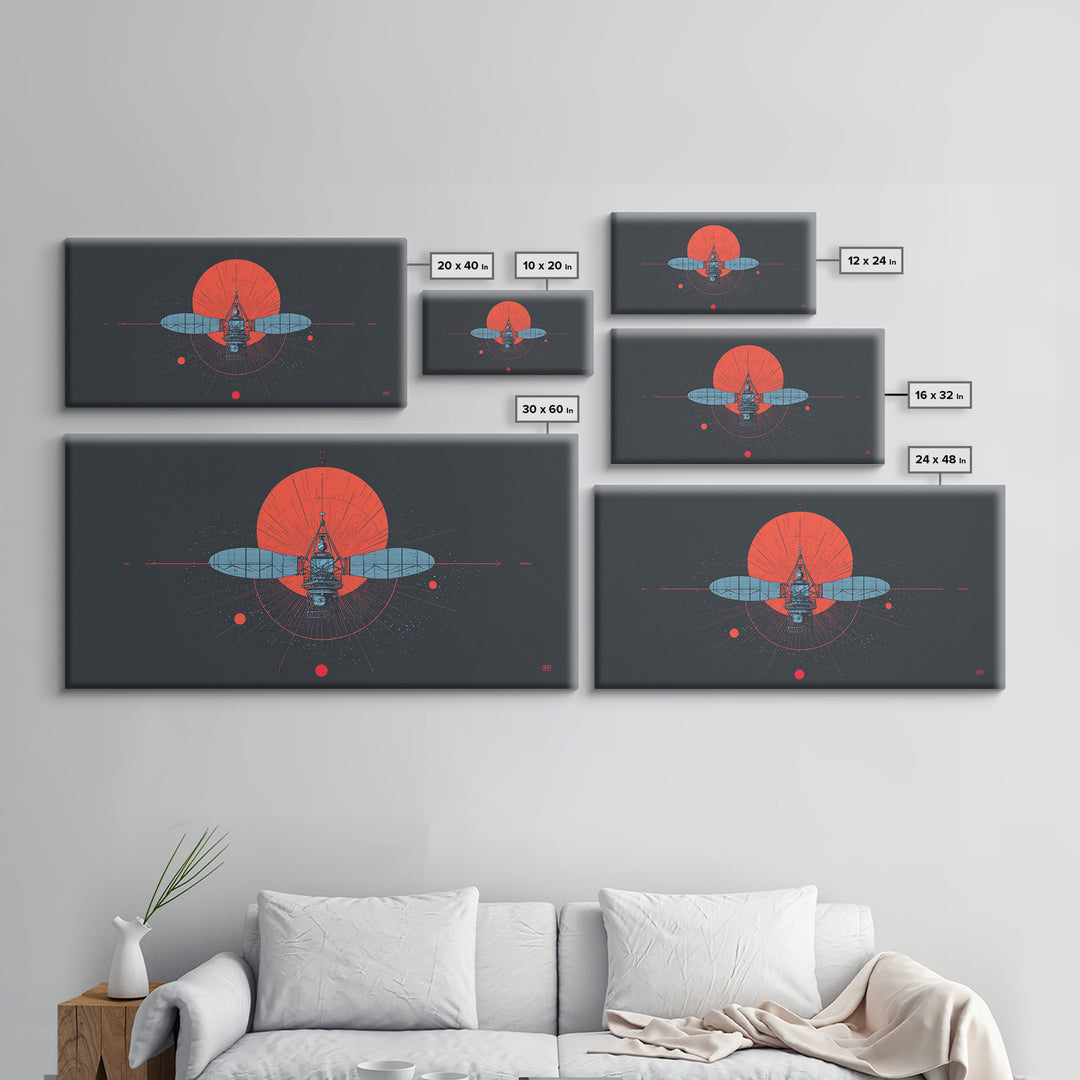 Blueprint Satellite In Crimson Sun Framed Canvas Print, Midcentury Modern Art, Retro Space Wall Decor, Modern Office Poster Gift