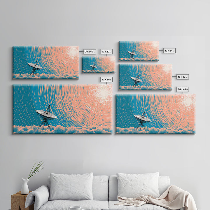 Radio Telescope Under Spiral Star Trails Canvas Print, Midcentury Modern Wall Art, Retro Astronomy Poster, Blue Office Decor