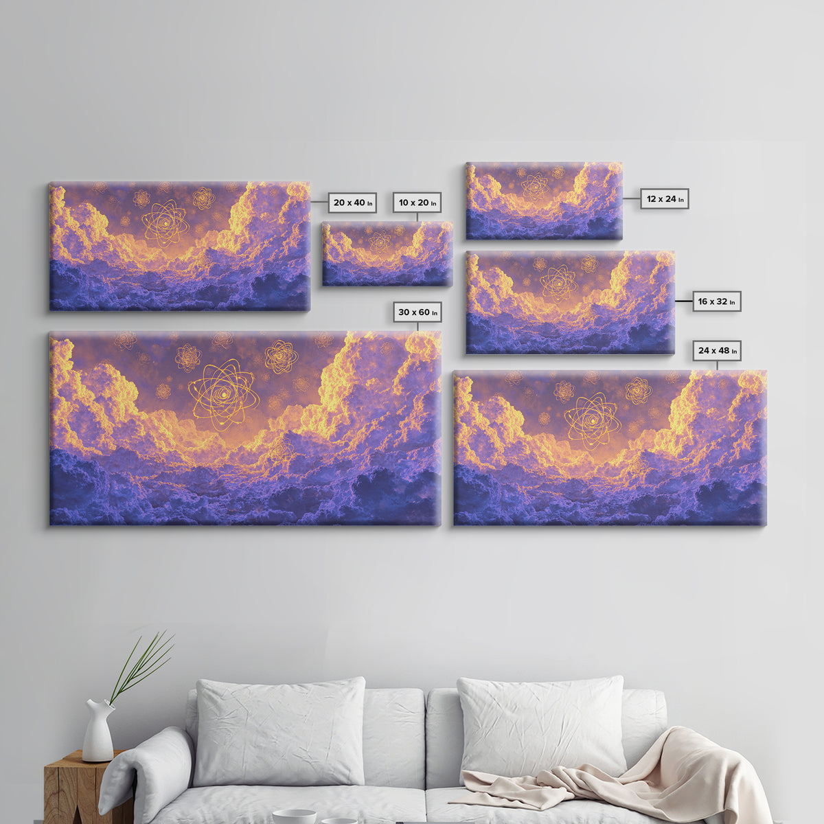 Glowing Atomic Symbols In Purple Clouds Wall Art, Modern Abstract Art Print, Celestial Sky Poster, Colorful Bedroom Decor
