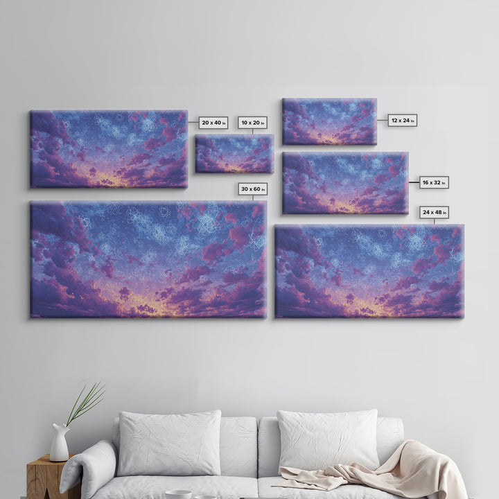Dreamy Twilight Clouds With Star Diagrams Canvas Print, Modern Wall Art, Blue Purple Celestial Poster, Bedroom Decor Gift