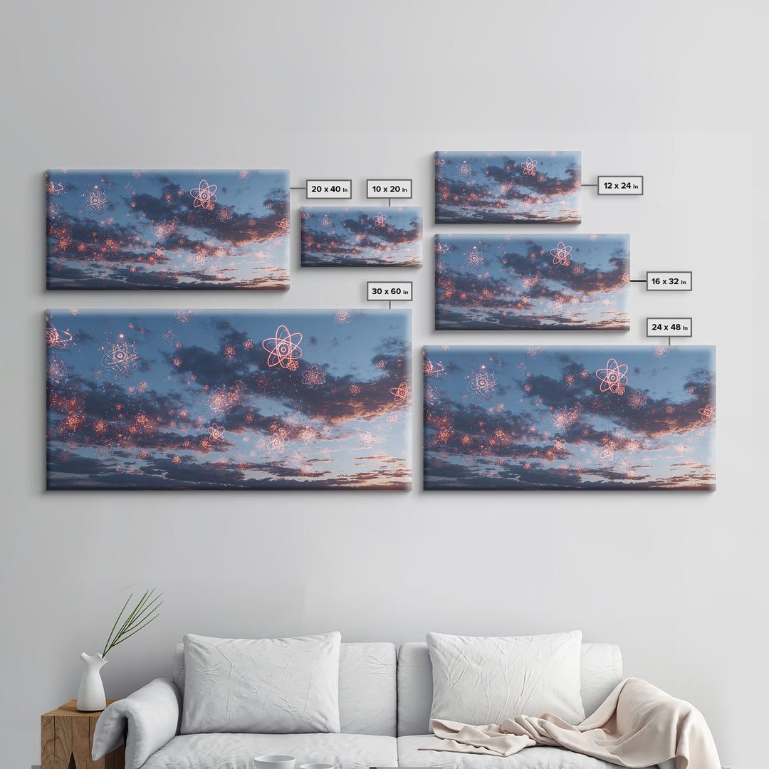 Sparkling Atomic Fireworks Over Dusk Clouds Wall Art, Modern Abstract Art Print, Cosmic Sky Poster, Blue Pink Bedroom Decor