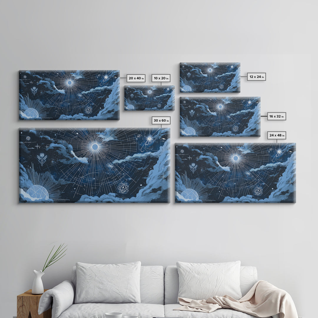 Blue Celestial Grid With Moonlit Clouds Canvas Print, Modern Wall Art, Sci Fi Space Poster, Navy Home Office Decor Gift Print