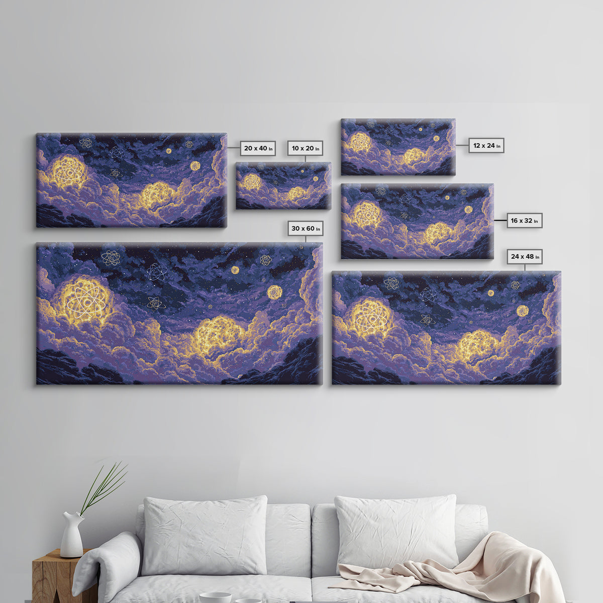 Glowing Atom Clouds In Pixel Night Sky Canvas Print, Modern Abstract Wall Art, Retro Space Poster, Purple Bedroom Decor Gift