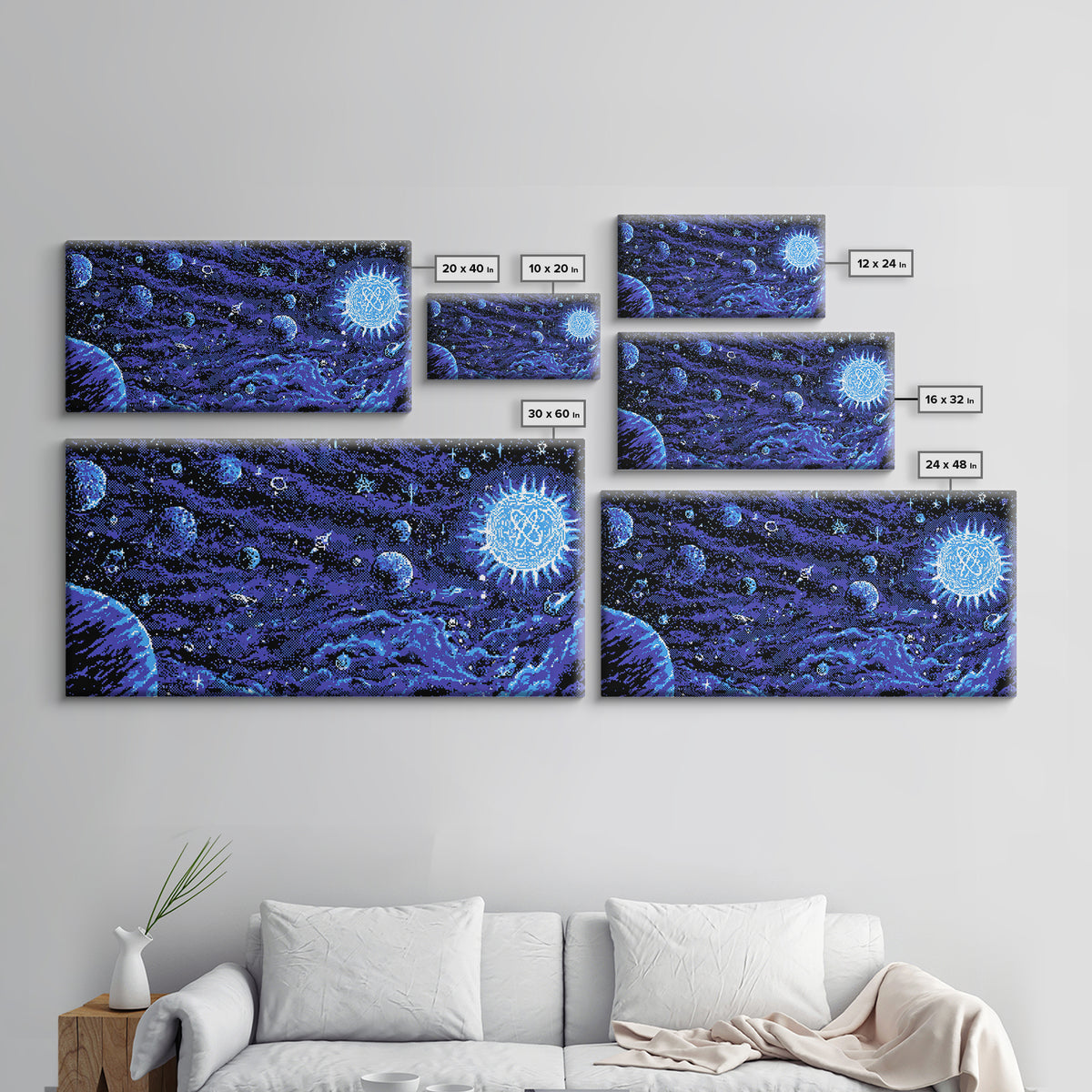 Pixel Space Landscape With Blue Planets Wall Art, Retro Sci Fi Poster, Modern Digital Art Print, Cosmic Game Room Decor Gift