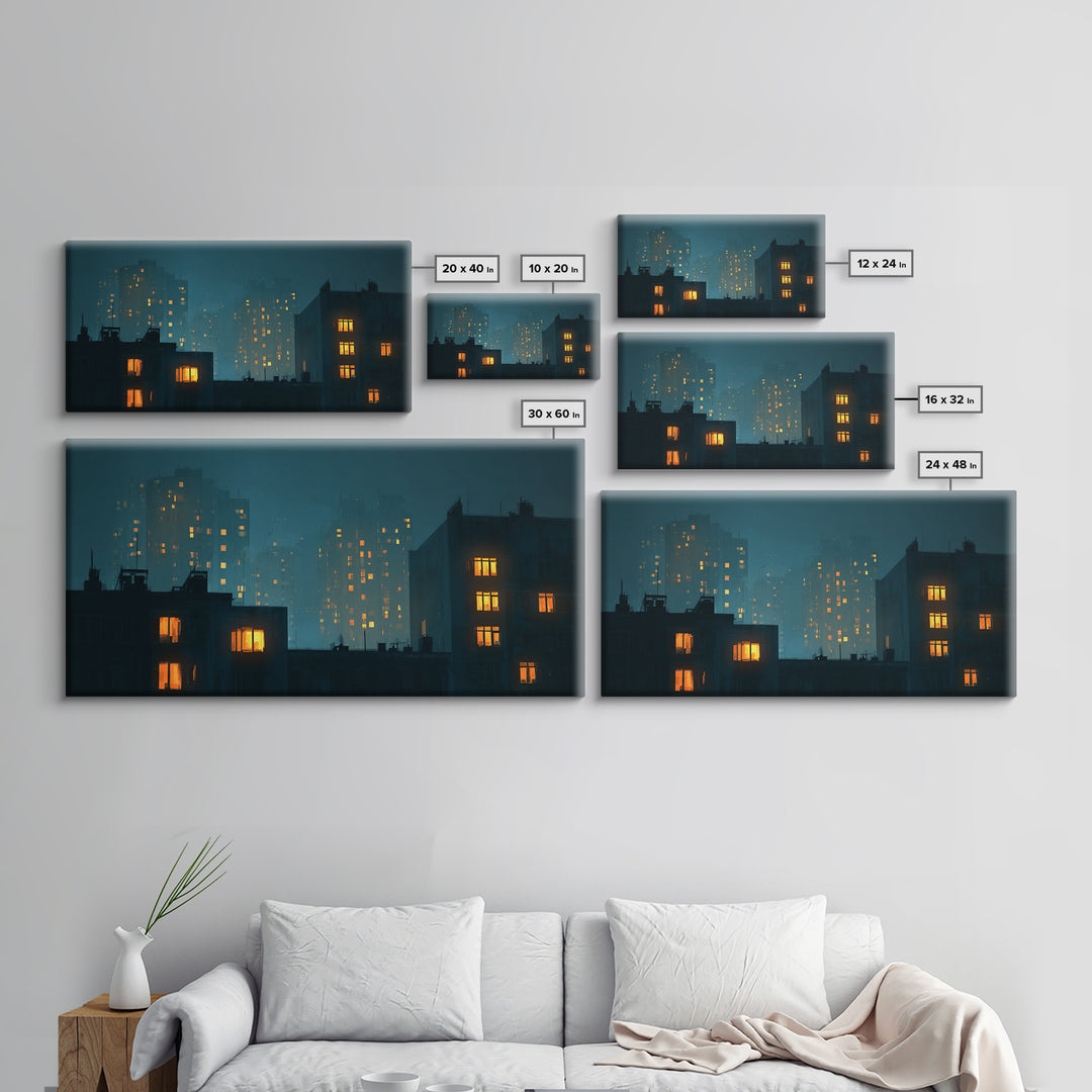 Foggy Teal Apartment Windows Canvas Print, Moody City Nightscape, Modern Wall Art, Urban Bedroom Decor, Home Office Art