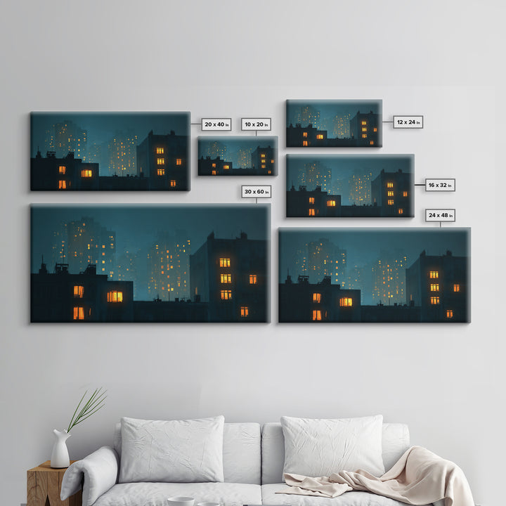 Foggy Teal Apartment Windows Canvas Print, Moody City Nightscape, Modern Wall Art, Urban Bedroom Decor, Home Office Art