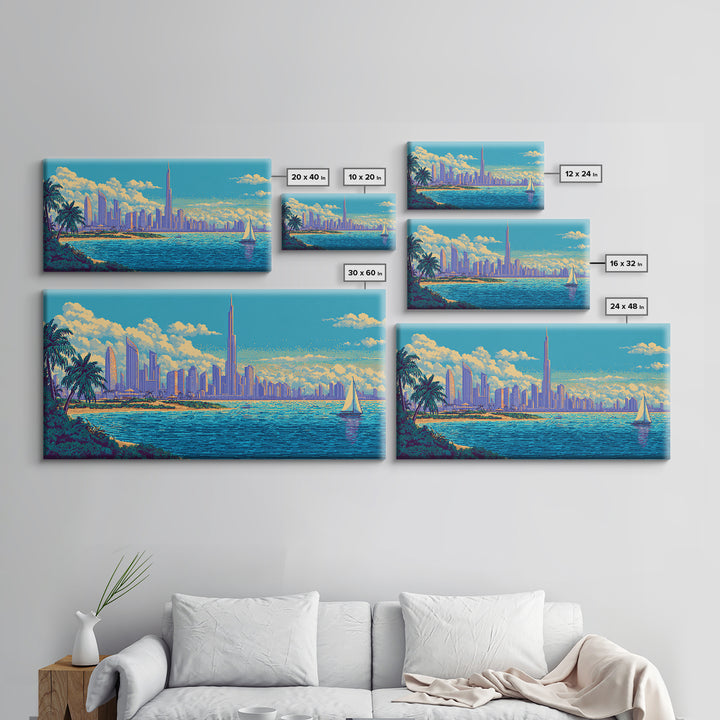 Futuristic Coastal Skyline With Palm Trees Canvas Print, Modern Wall Art, Retro Travel Poster, Tropical Living Room Decor