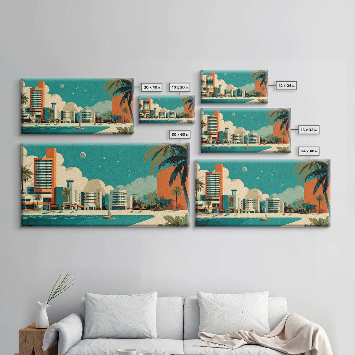 Retro Beachfront Resort With Palms Wall Art, Mid Century Modern Coastal Travel Poster, MCM Decor, Turquoise Lagoon Print