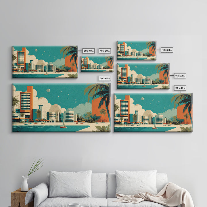 Retro Beachfront Resort With Palms Wall Art, Mid Century Modern Coastal Travel Poster, MCM Decor, Turquoise Lagoon Print