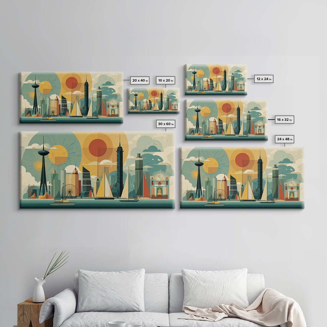 Geometric Seattle Skyline With Space Needle Canvas Print, Mid Century Modern Cityscape Wall Decor, Retro Travel Poster Art